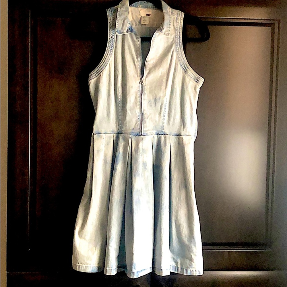 Levi’s distressed denim mini skater dress with zipper close and tie dye